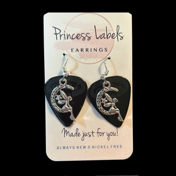 Repurposed Guitar Pick Earrings Hand Crafted Fairy on Midnight Moon - Picture 5 of 8